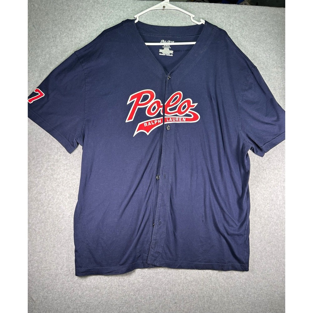 Stain* Polo Ralph Lauren Polo Baseball Jersey Shirt Blue Red White Mens XL